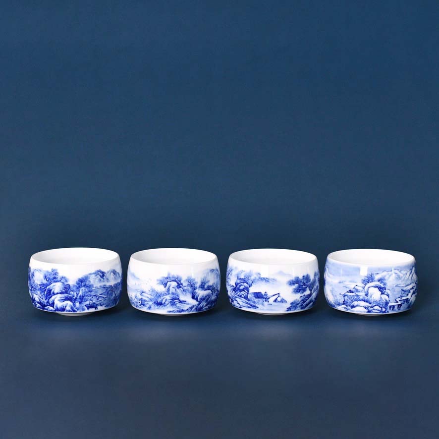 景德镇九段烧妙手青花春夏秋冬山水钵杯套组送礼高端陶瓷