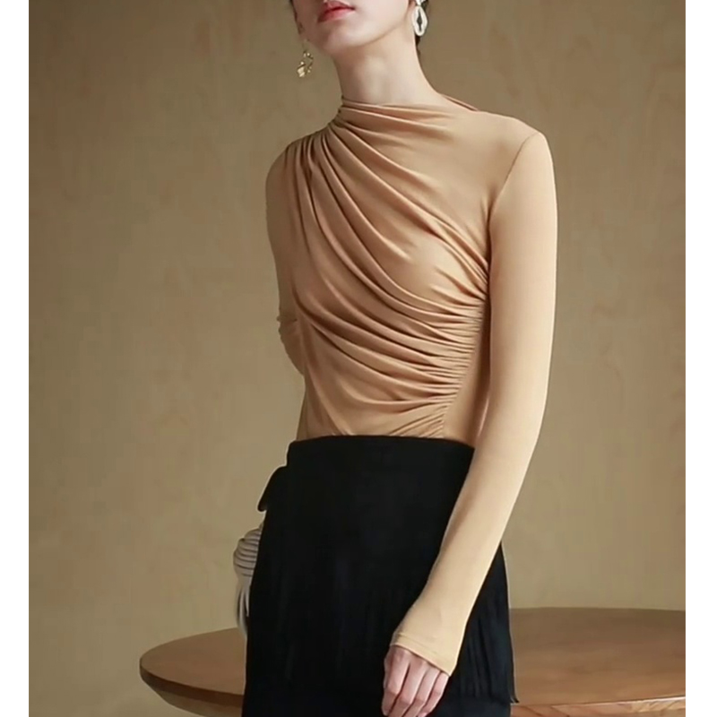 珍乐丝长袖褶皱不规则一字领T恤