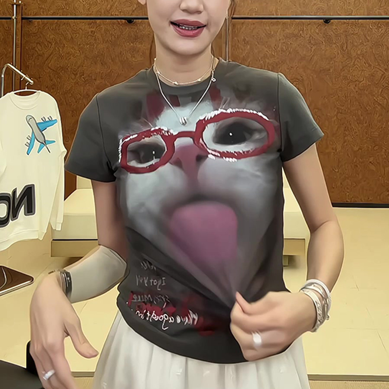 2025春季新款小众独特设计感猫咪印花短袖T恤女休闲百搭上衣