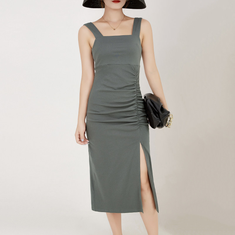 夏季韩版性感露背方领吊带连衣裙女纯棉女装修身褶皱开叉包臂长裙