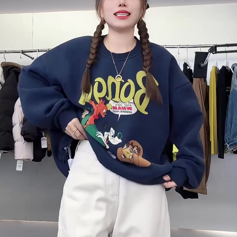 冬季新款2025韩版宽松圆领卡通印花加绒加厚卫衣