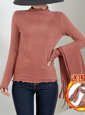 磨毛流苏围巾女冬新款修身显瘦半高领打底体恤百R搭德绒上衣两件