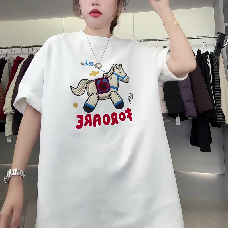 欧货2025冬季新款纯棉宽松圆领短袖T恤上衣