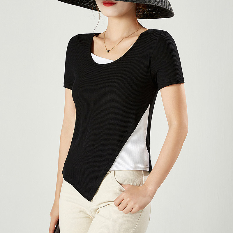 时尚撞色假两件短袖t恤女夏季韩版修身不规则纯棉百搭u领上衣女装