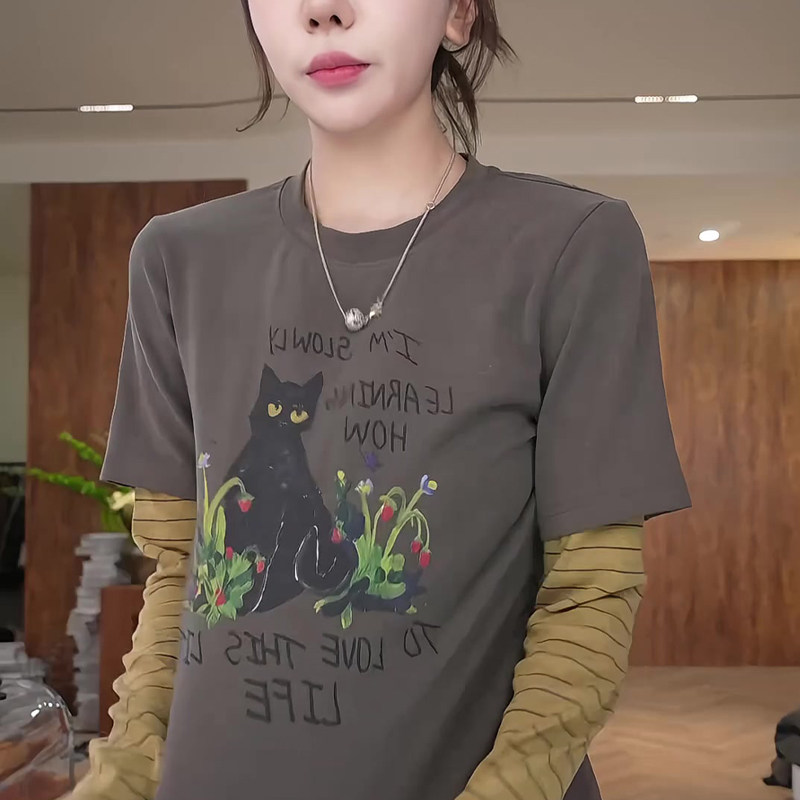 韩系卡通猫咪印花短袖T恤百搭休闲圆领打底衫上衣,女装/女士精品,大码内搭,淘宝优惠券,粉丝福利购,淘宝优惠卷