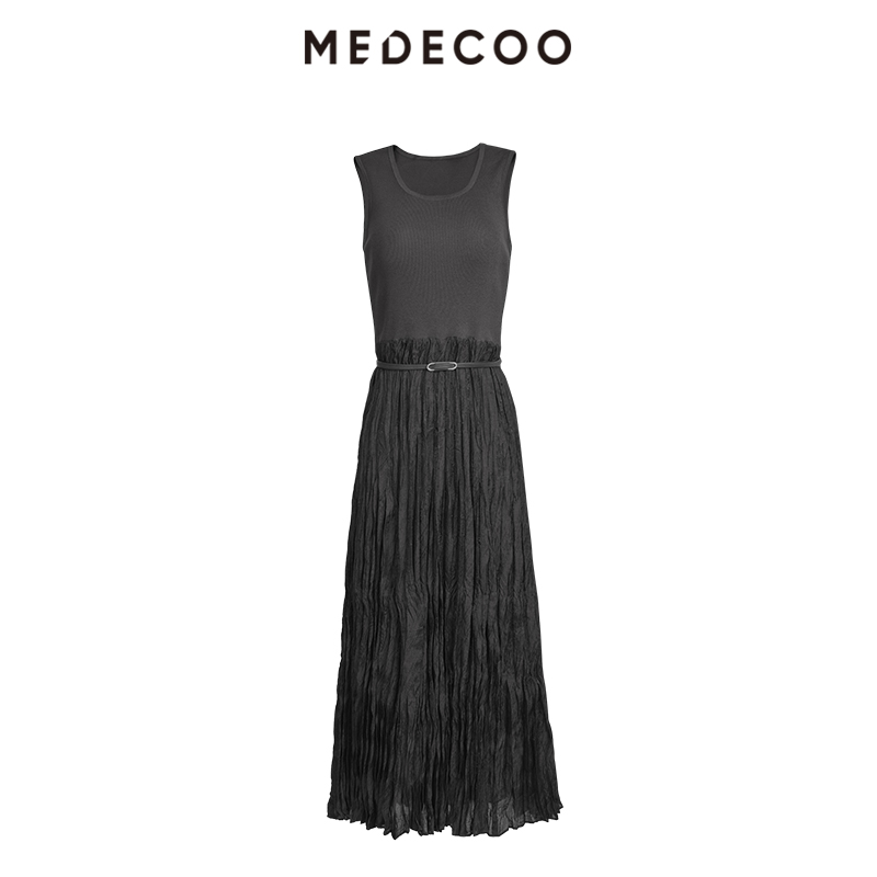 墨蒂珂针梭拼接U型领无袖连衣裙