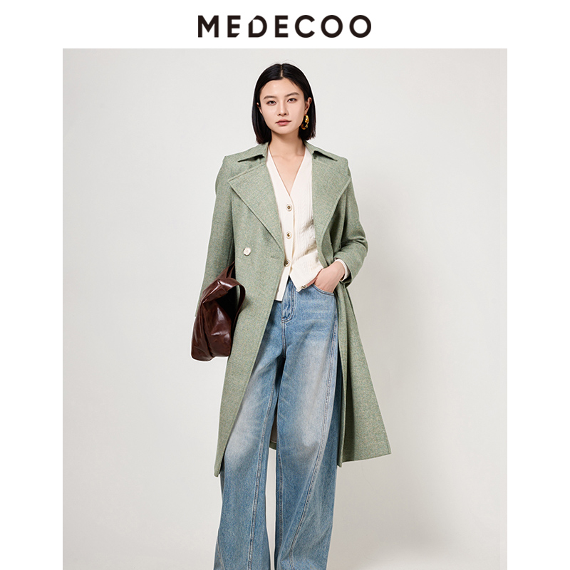 墨蒂珂西装领长款羊毛人字呢风衣