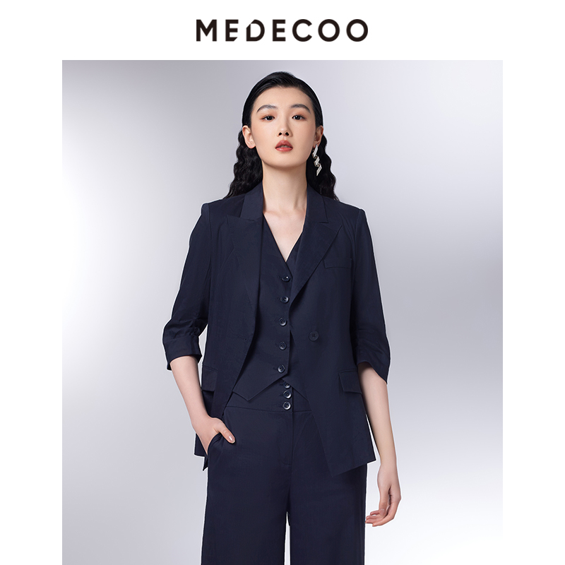 墨蒂珂亚麻抽褶七分袖休闲外套