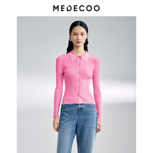 针织开衫 MEDECOO polo领单排扣捏褶长袖 墨蒂珂秋季 女MIC40203 新款