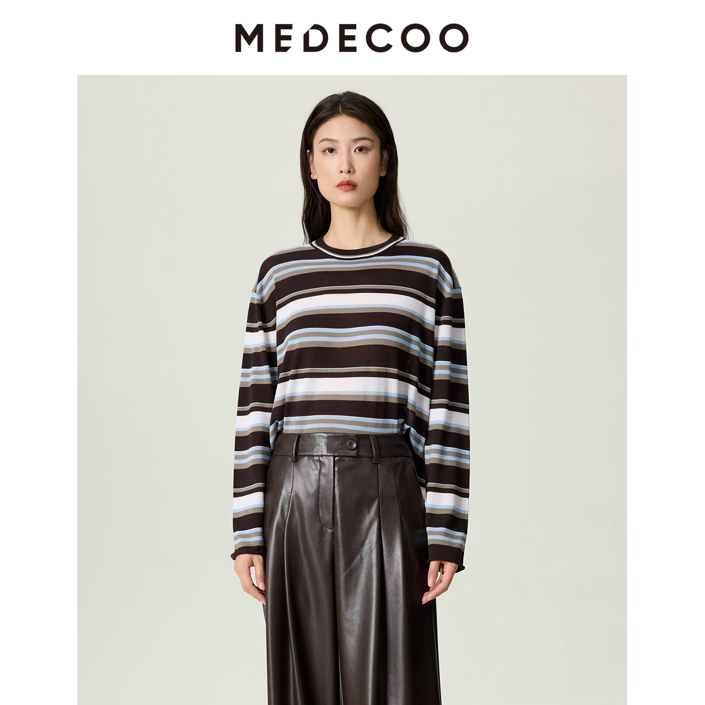 墨蒂珂宽松落肩袖条纹羊毛针织衫