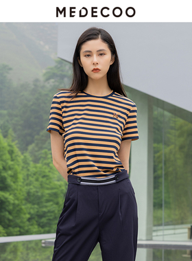 MEDECOO/墨蒂珂夏季新款 短袖圆领撞色条纹针织T恤 THX62301