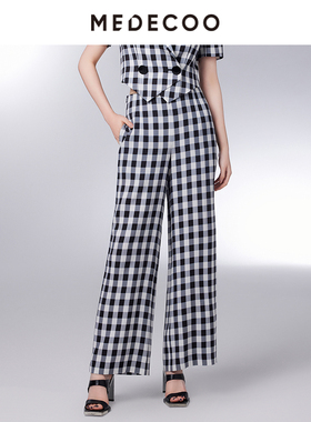 MEDECOO/墨蒂珂2025夏新款女装格纹直筒裤显瘦通勤休闲裤MIX80513