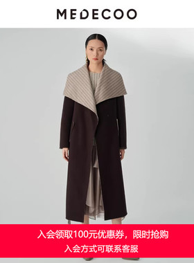 MEDECOO/墨蒂珂冬季新品 大翻领V字纹长款羊毛呢大衣MHD20310