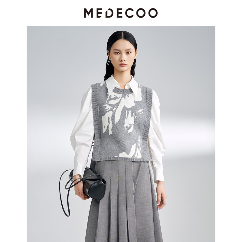 墨蒂珂羊毛圆领撞色提花针织马甲