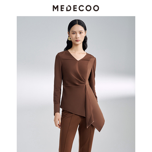 MEDECOO 新款 长袖 V领不规则摆罗马布上衣MIC62215 墨蒂珂2026春季