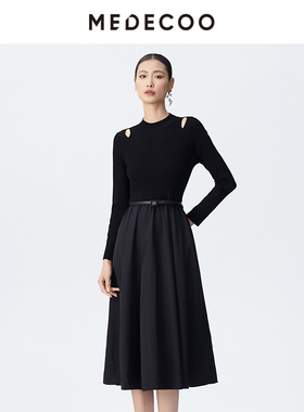 MEDECOO/墨蒂珂2025夏季新款 针织拼接镂空长袖A字连衣裙MJC90501
