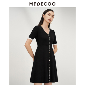 MEDECOO/墨蒂珂夏季新款撞色短袖V领A字针织连衣裙女MHX40603