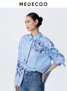 MEDECOO/墨蒂珂2025春新款女装印花条纹衬衫宽松显瘦上衣MJC50205