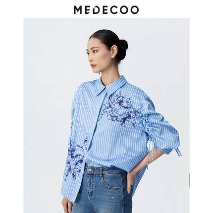 MEDECOO/墨蒂珂2026春新款女装印花条纹衬衫宽松显瘦上衣MJC50205