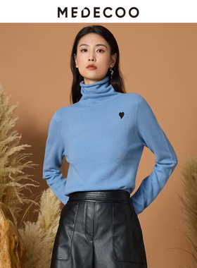 MEDECOO/墨蒂珂2025冬新款女绣标高领100%纯羊绒衫针织衫MJD40332