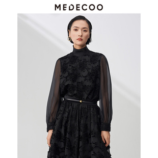 墨蒂珂2025秋季 女装 MEDECOO 新款 性感透视优雅上衣 蕾丝长袖 衬衫