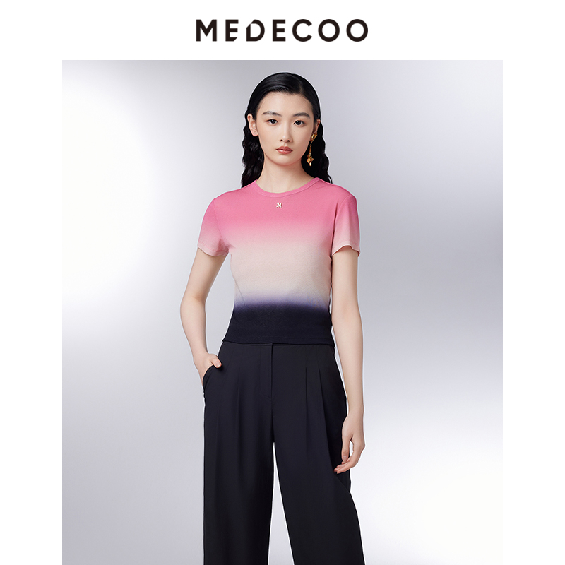 墨蒂珂短袖圆领简约渐变撞色T恤