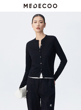 MEDECOO/墨蒂珂2025春季新款 撞色圆领长袖羊毛针织开衫MJC40201
