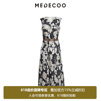 墨蒂珂无袖V领印花纯棉连衣裙女