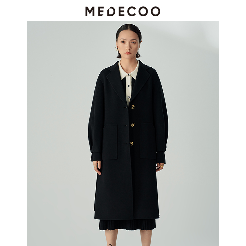 墨蒂珂羊毛呢中长款金属纽扣大衣