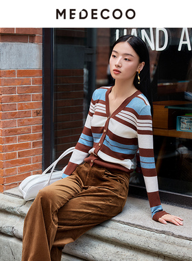 MEDECOO/墨蒂珂2025秋季新款撞色单排扣羊毛针织开衫外套TID40207