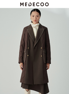 MEDECOO/墨蒂珂冬季新品双排扣毛呢拼接中长款羽绒服MHD11316