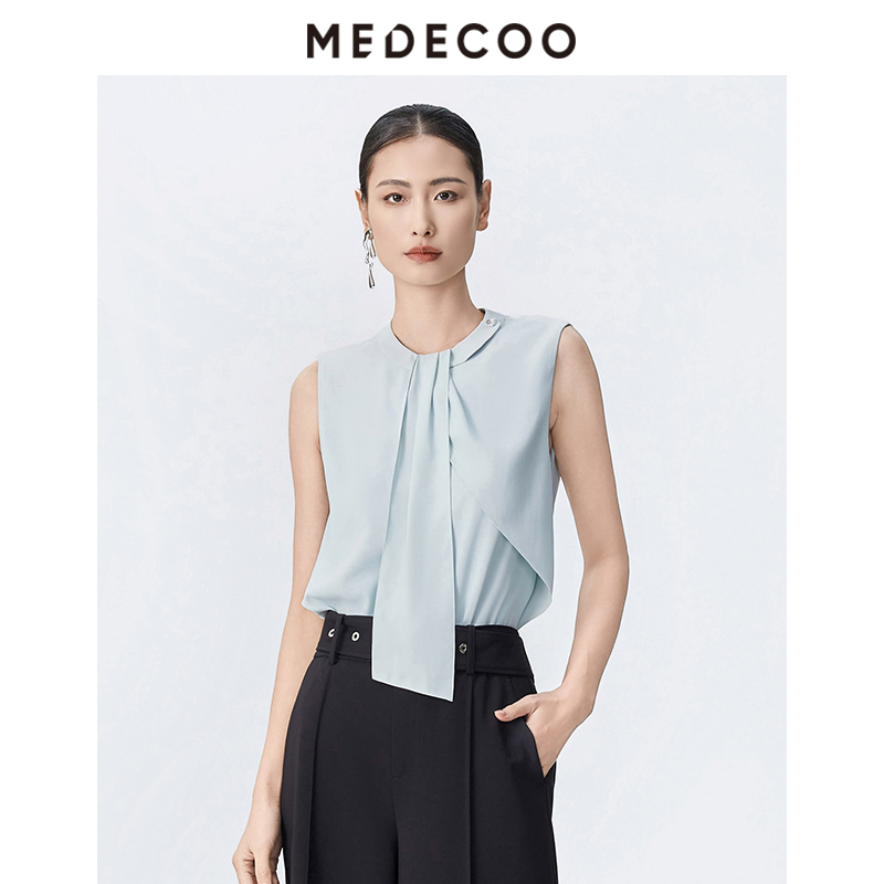 MEDECOO/墨蒂珂2025春夏季新款 女式捏褶飄帶T恤無(wú)袖雪紡上衣