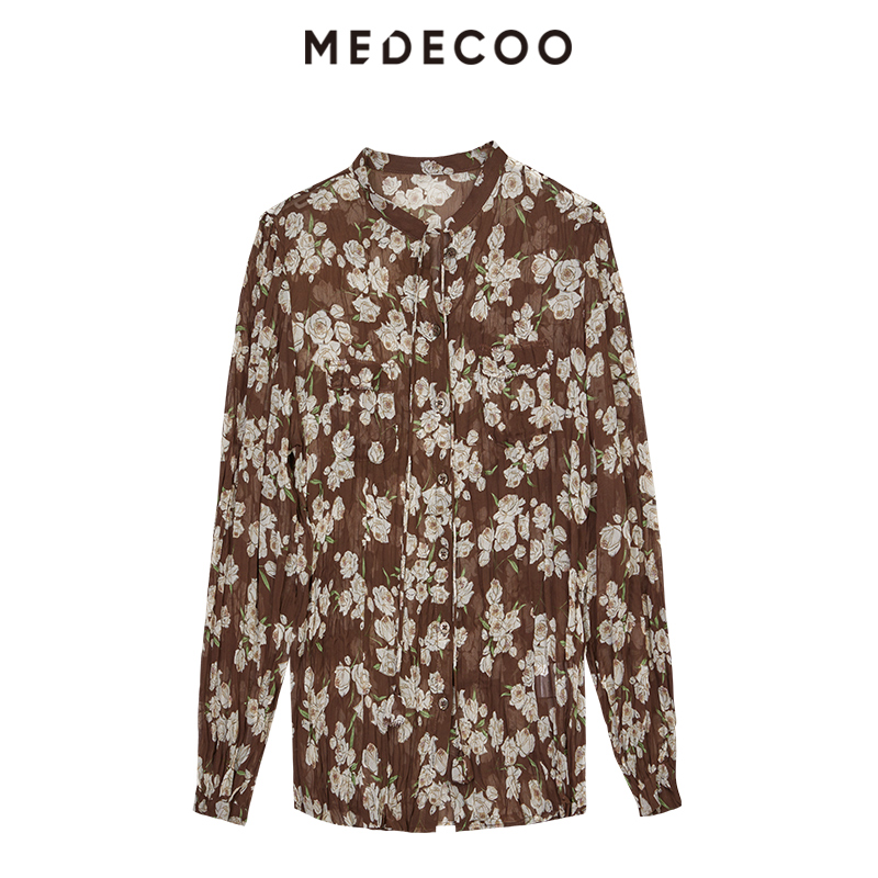MEDECOO/墨蒂珂2025秋冬新款女装直筒系带印花长袖雪纺衬衫