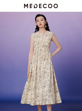 MEDECOO/墨蒂珂2024夏季新款 高腰无袖A字印花棉丝连衣裙MIX90211