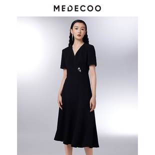 MEDECOO 短袖 V领亮扣装 饰醋酸连衣裙TIC90202 墨蒂珂2026春夏新款