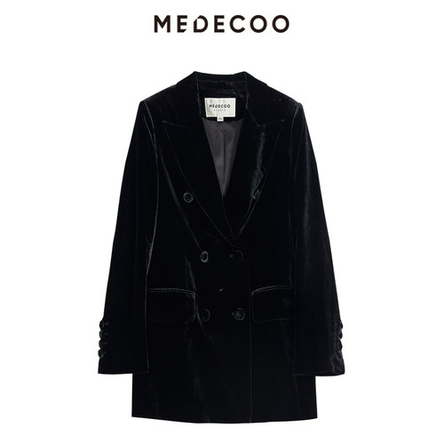 墨蒂珂真丝绒双排扣西装领外套