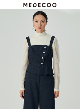MEDECOO/墨蒂珂冬季新款 不对称叠片仿牛仔吊带背心MHD62214
