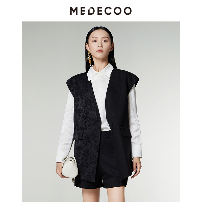 墨蒂珂一粒扣中长款V领提花马甲