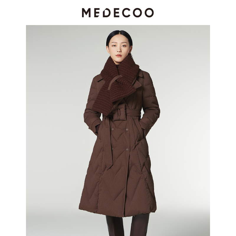 墨蒂珂长款西装领围巾系带羽绒服