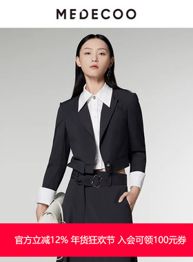 MEDECOO/墨蒂珂2025秋季新款衬衫领拼接假两件截短外套女MID31105