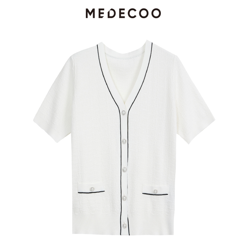 墨蒂珂单排扣V领撞色针织开衫