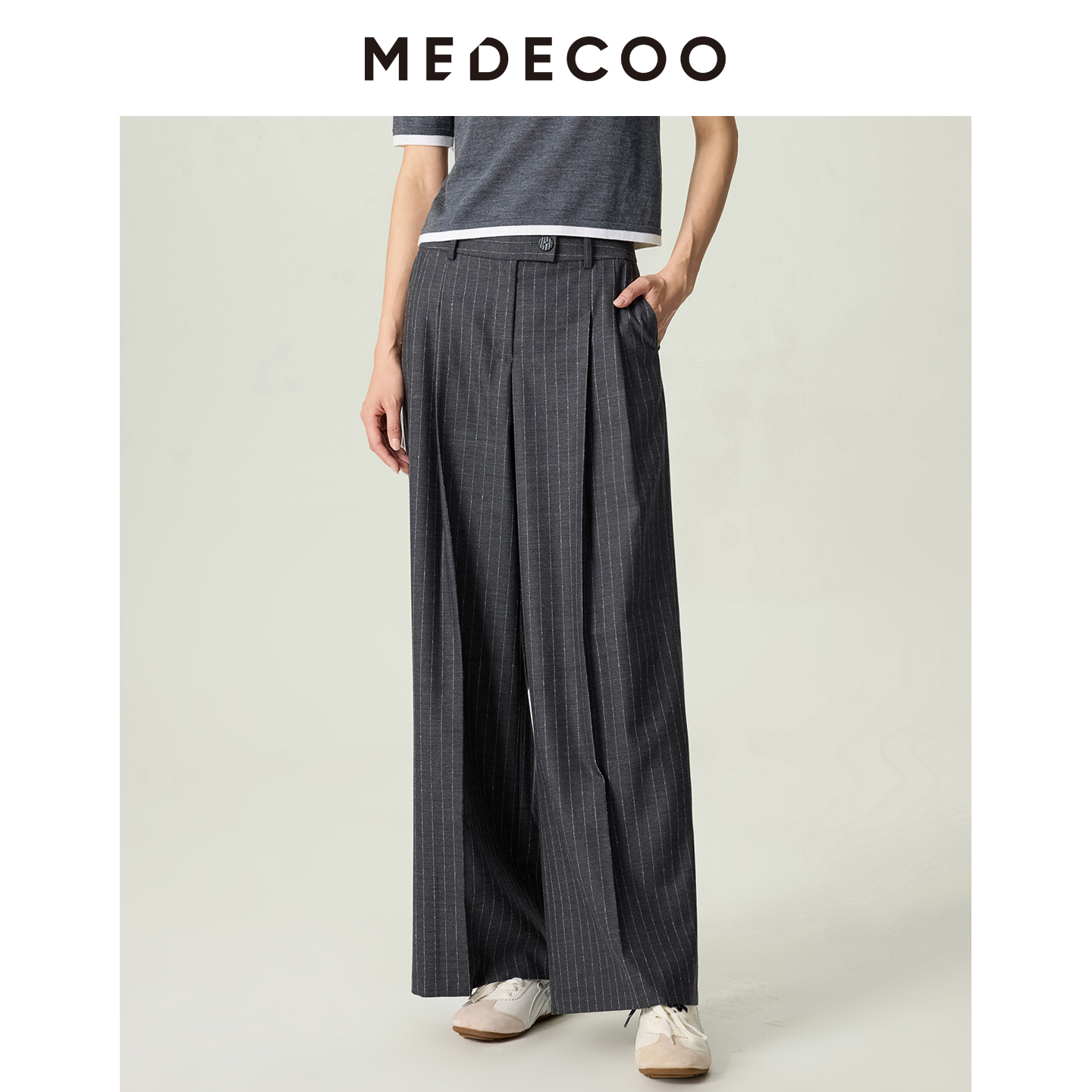 墨蒂珂倒褶宽腰头条纹休闲阔腿裤