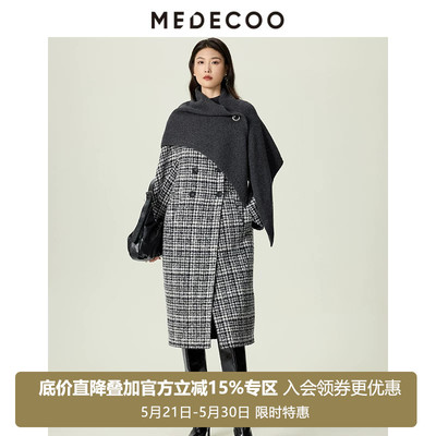 墨蒂珂千鸟格围脖式毛呢大衣