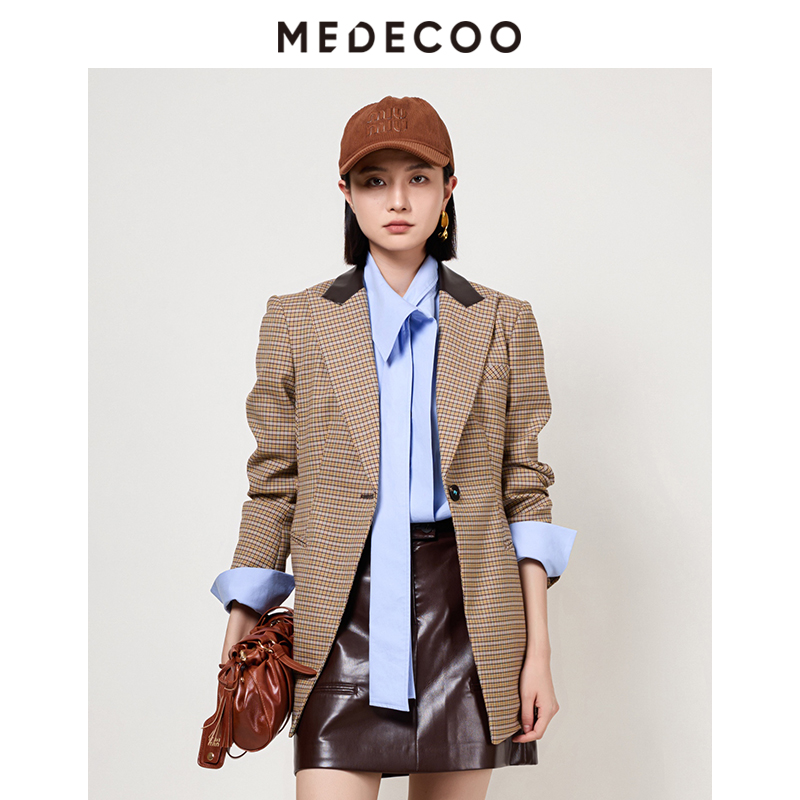 墨蒂珂一手长格纹拼接休闲西装