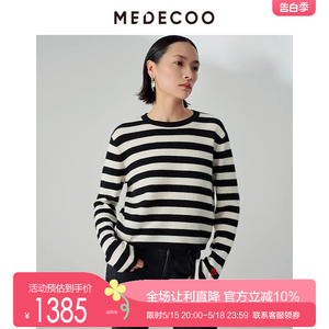 MEDECOO/墨蒂珂2023冬季新款落肩长袖圆领横条纹羊绒衫女MHD40324