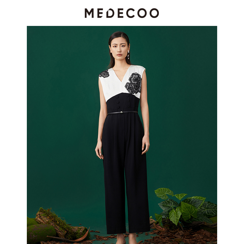 MEDECOO/墨蒂珂2025夏季新款 撞色绣花V领修身醋纤连体裤MJX91102