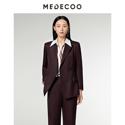 MEDECOO/墨蒂珂2024冬季新款不对称两粒扣西装领羊毛外套MID31204