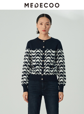 MEDECOO/墨蒂珂冬新款撞色印花亮片长袖套头针织开衫MHD40338