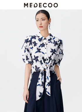 MEDECOO/墨蒂珂2025夏季新款 泡泡短袖印花纯棉系带衬衫MJX62214