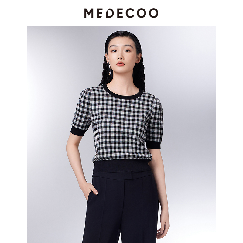 墨蒂珂套头圆领棋盘格子针织衫